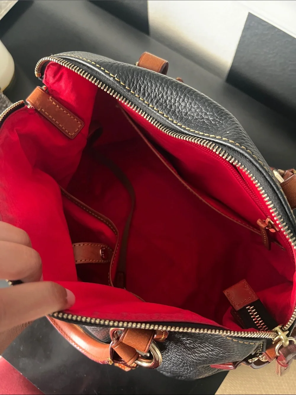 Dooney & Bourke Black Pebbled Leather Satchel with Brown Trim